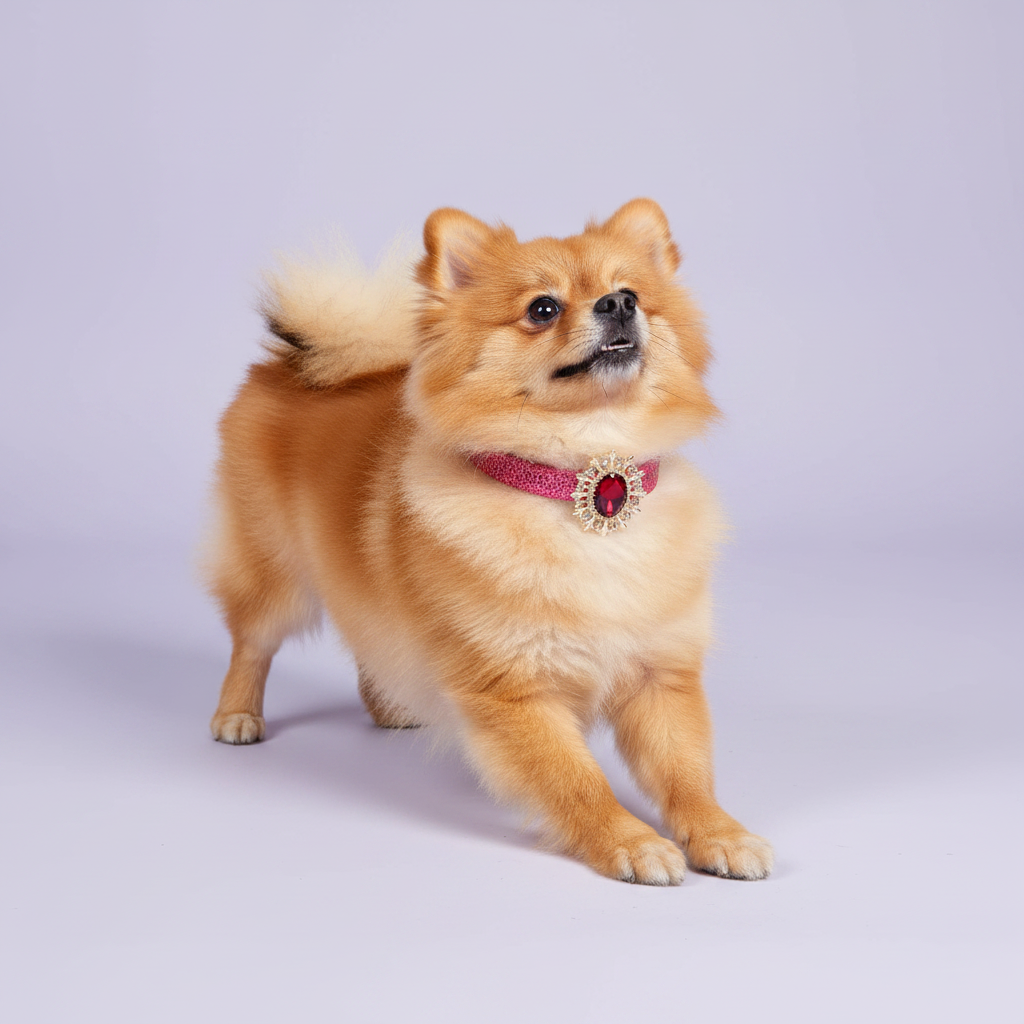 Orange Pomeranian mid-prance wearing a hot pink glitter dog collar with ruby red oval crystal sunburst pendant