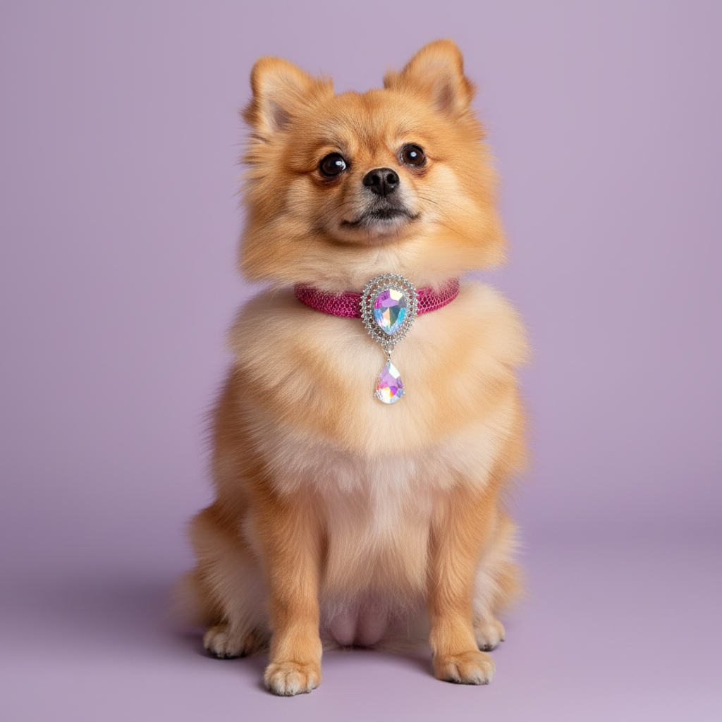 Orange Pomeranian sitting and facing forward wearing a hot pink slim dog collar with a silver rhinestone and aurora borealis crystal teardrop pendant