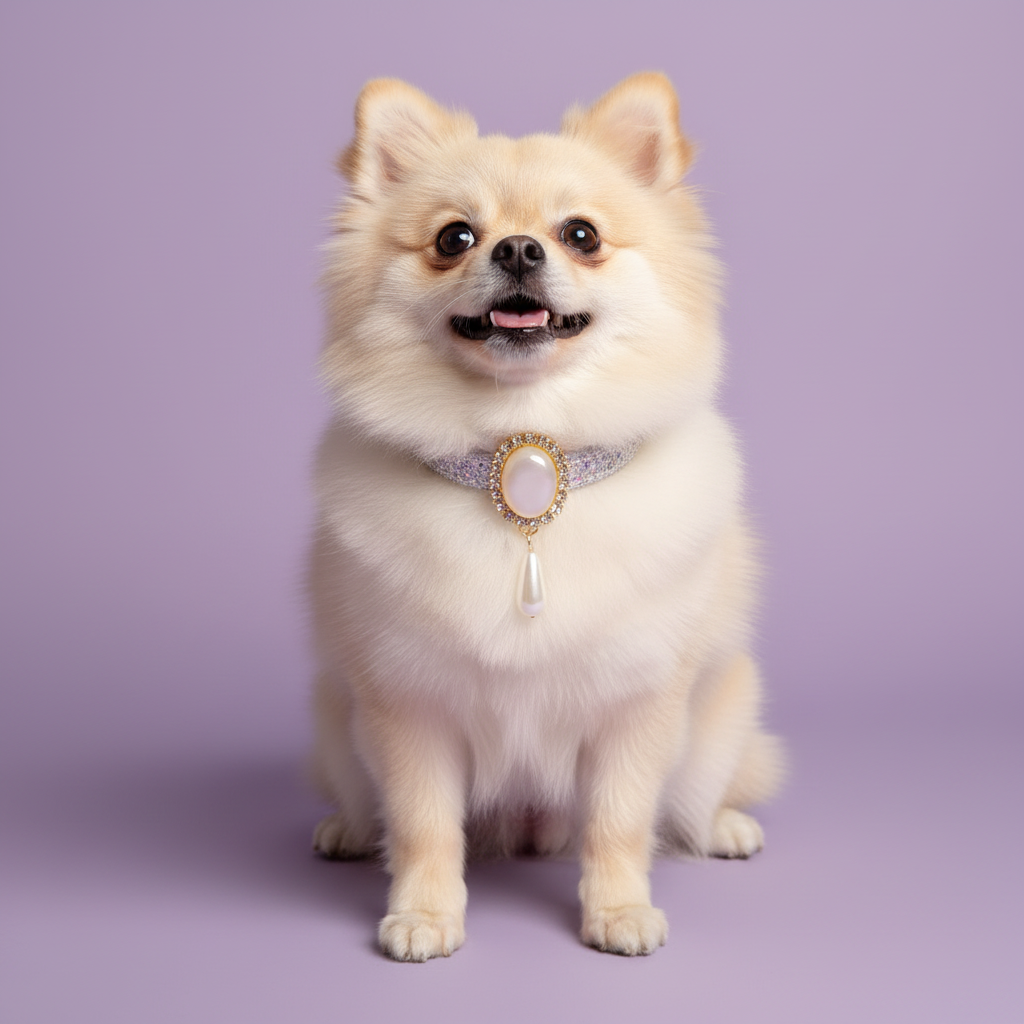 Cream Pomeranian sitting and facing forward wearing a silver rhinestone dog collar with a gold oval pearl and teardrop pendant