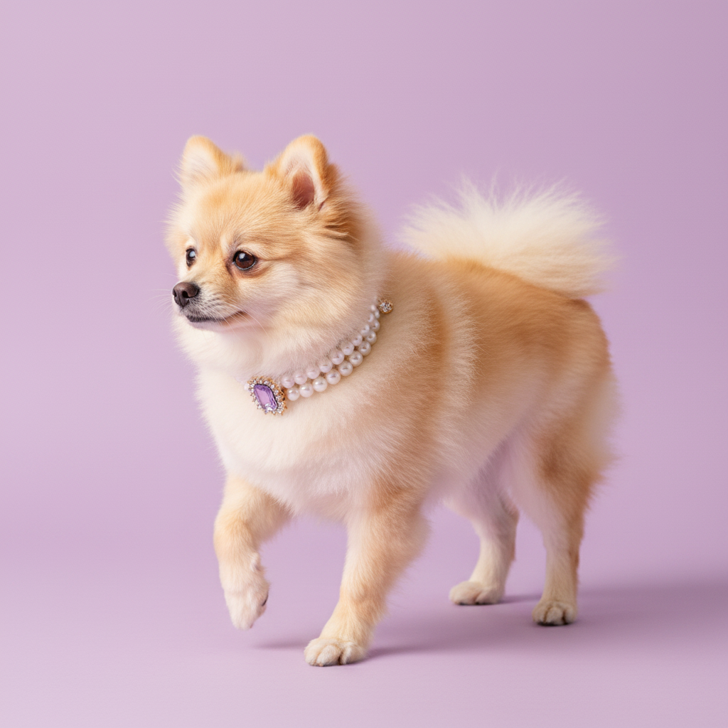 Cream Pomeranian walking with paw raised wearing luxury double-strand pearl dog collar with lavender amethyst crystal centerpiece on lavender background
