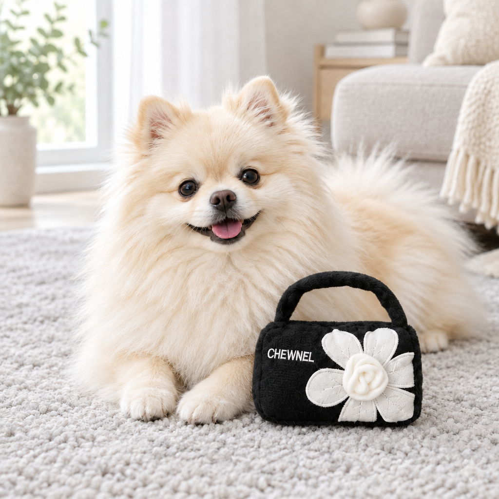 Pomeranian lifestyle image with a slightly larger handbag toy