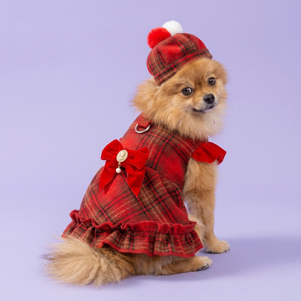 Pomeranian looking over its shoulder in the tartan dress and matching hat