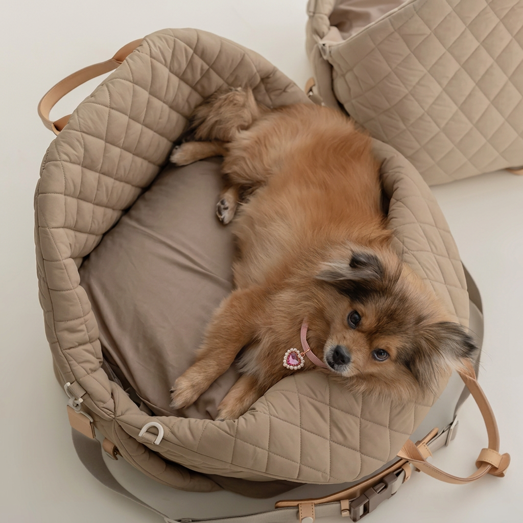 Pomeranian lounging in an open beige quilted carrier wearing a pink heart collar