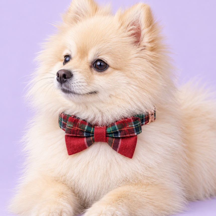 Pomeranian lounging in red tartan bow collar
