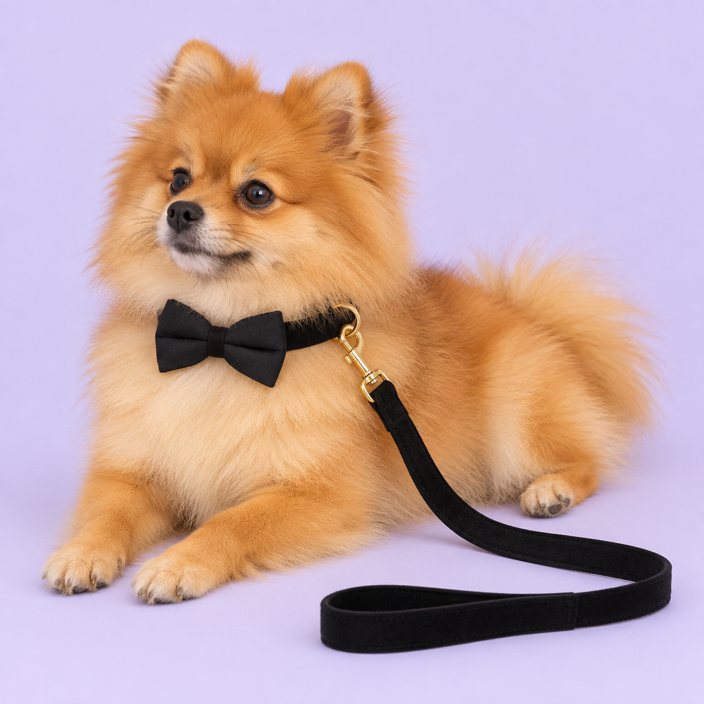 Pomeranian lounging with black velvet bow collar and leash