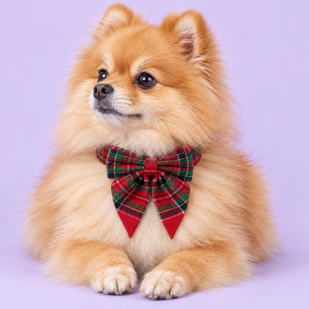 Pomeranian lounging with smaller red tartan bow