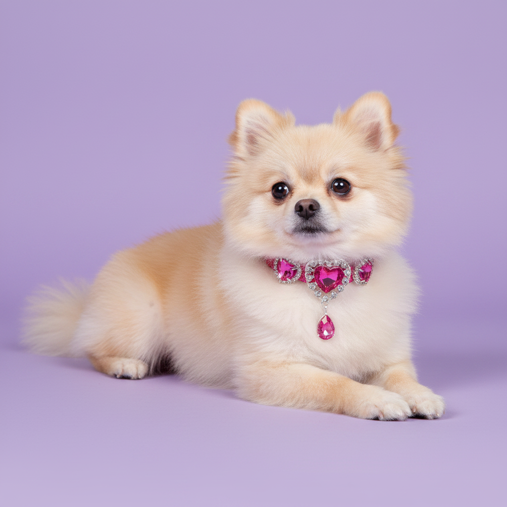 Cream Pomeranian lying down with front paws extended and facing camera wearing a hot pink rhinestone collar with three rhinestone-framed hot pink heart crystals and a dangling teardrop pink crystal pendant, luxury heart gem dog collar for small breeds on solid lavender background