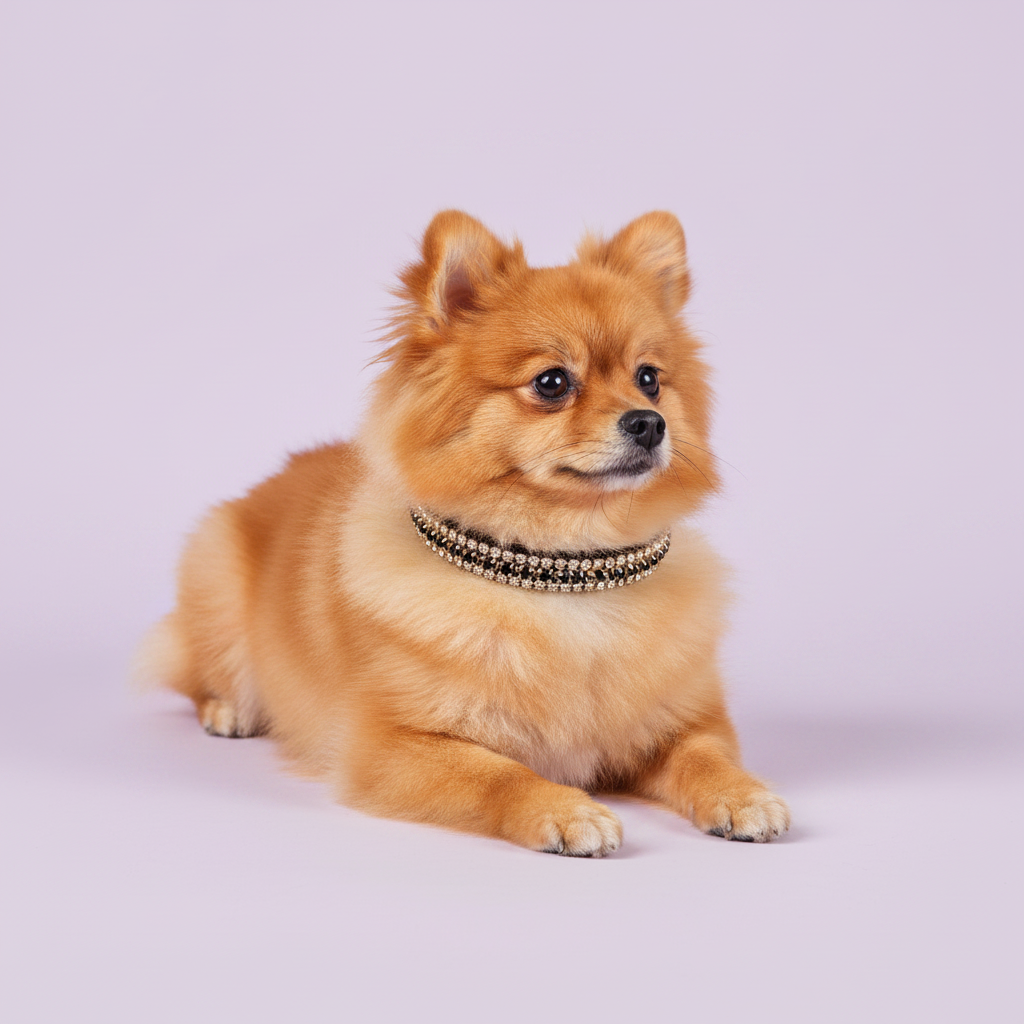 Orange sable Pomeranian lying down with head raised and gazing to the side wearing a black velvet triple-row champagne gold crystal rhinestone collar, luxury rhinestone small dog collar on lavender background