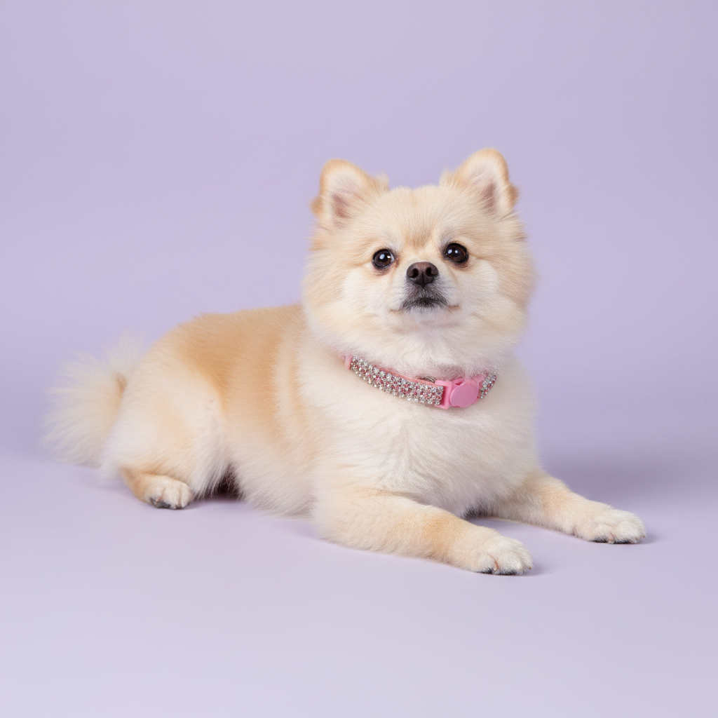 Cream Pomeranian lying down with head up wearing a pink double-row crystal rhinestone collar with pink buckle, luxury rhinestone small dog collar on lavender background