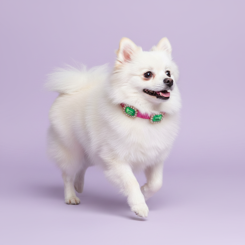 Dark-eyed white Pomeranian mid-trot in a three-quarter view with mouth open and tail curled wearing a magenta pink rhinestone collar with multiple rhinestone-framed emerald green rectangular crystal embellishments, luxury sparkle emerald gem dog collar for small breeds on solid lavender background