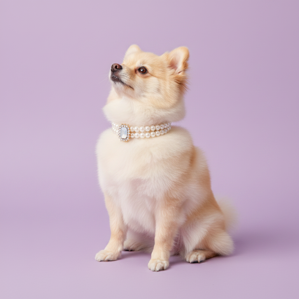 Pomeranian sitting and wearing a double pearl collar with a moonstone pendant against a lavender background