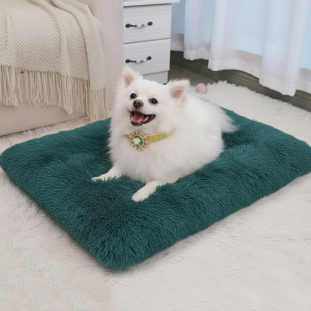 White Pomeranian wearing a gold collar with a large emerald green gemstone pendant lying on an emerald green long shaggy faux fur flat rectangular pet bed mat on a cream plush rug in a bright bedroom setting