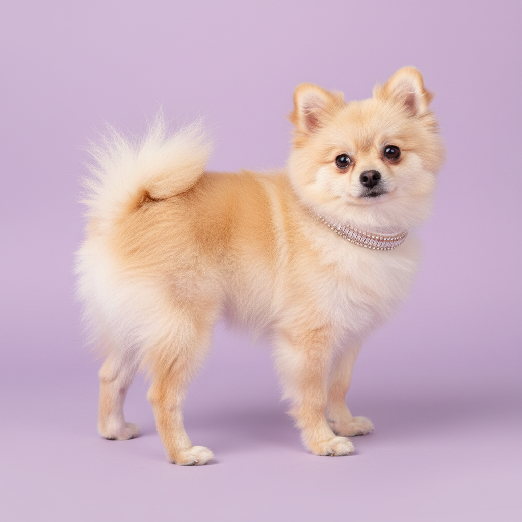 Pretty Posh Pets luxury rhinestone dog collar — a cream Pomeranian standing in a three-quarter over-the-shoulder pose wearing a white leather collar with emerald-cut clear crystal baguette gemstones bordered by sparkling round rhinestones in rose gold, looking back toward the camera against a soft lavender background.