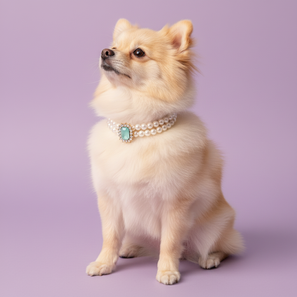 Pomeranian sitting and wearing a double pearl collar with a teal gemstone pendant against a lavender background