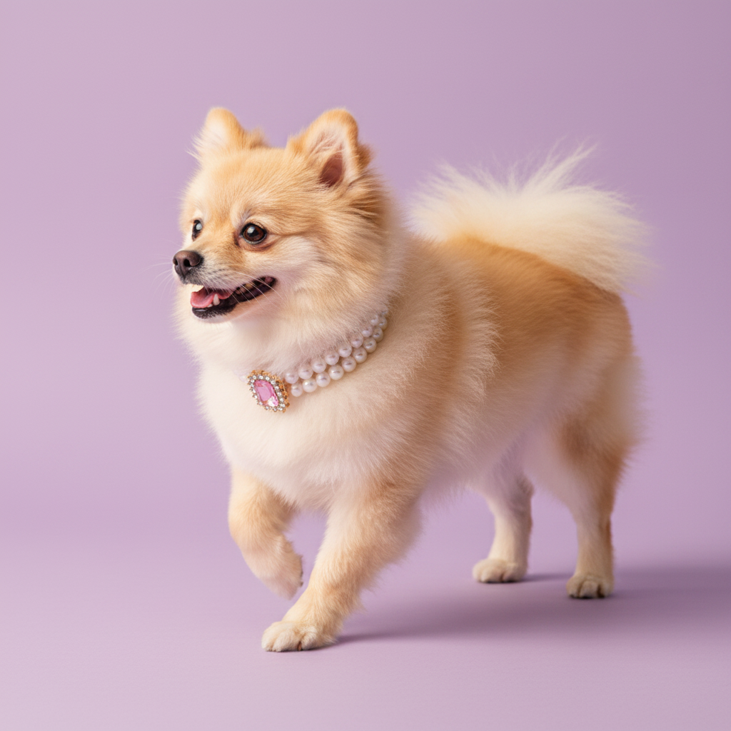 Cream Pomeranian trotting with mouth open wearing luxury double-strand pearl dog collar with pink crystal centerpiece on lavender background