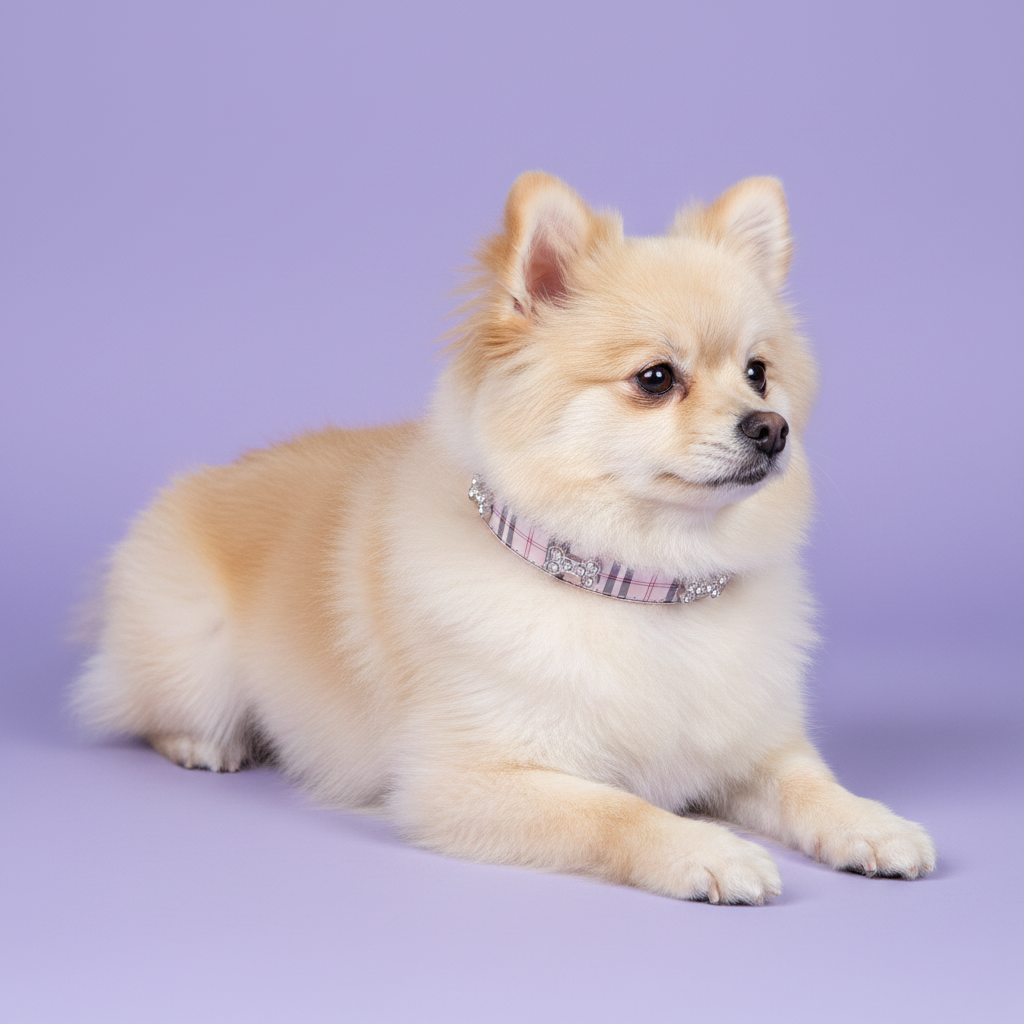 Cream Pomeranian lounging and gazing to the side wearing a pink plaid rhinestone dog collar