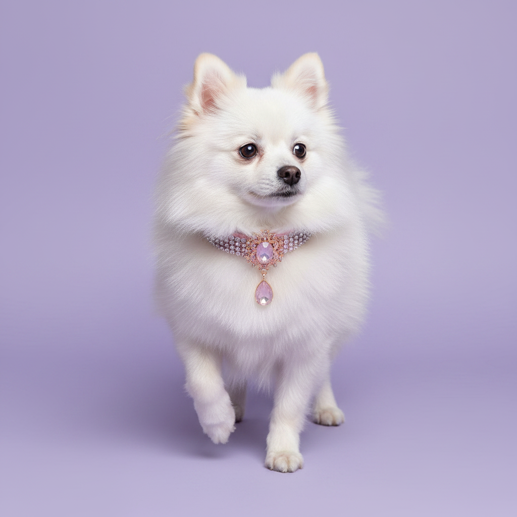 Brown-eyed white Pomeranian mid-prance with one front paw raised and facing camera wearing a pink rhinestone collar with an ornate gold Victorian centerpiece featuring an oval blush rose quartz crystal and a dangling teardrop pink crystal pendant, luxury Victorian crystal dog collar for small breeds on solid lavender background