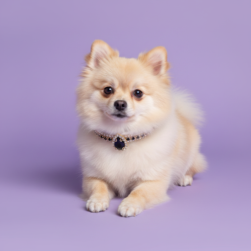 Cream Pomeranian lying down in a playful crouch with front paws extended and facing camera wearing a gold and black rhinestone collar with oval navy blue sapphire crystal centerpiece pendant, luxury dark gemstone dog collar for small breeds on solid lavender background