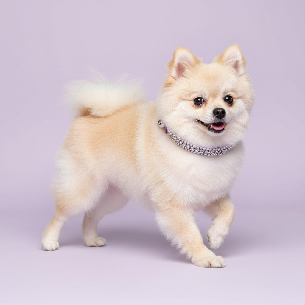Cream Pomeranian mid-prance in profile view with mouth open and one paw raised wearing a lavender velvet double-row clear crystal rhinestone collar with silver bell, luxury rhinestone small dog collar on lavender background