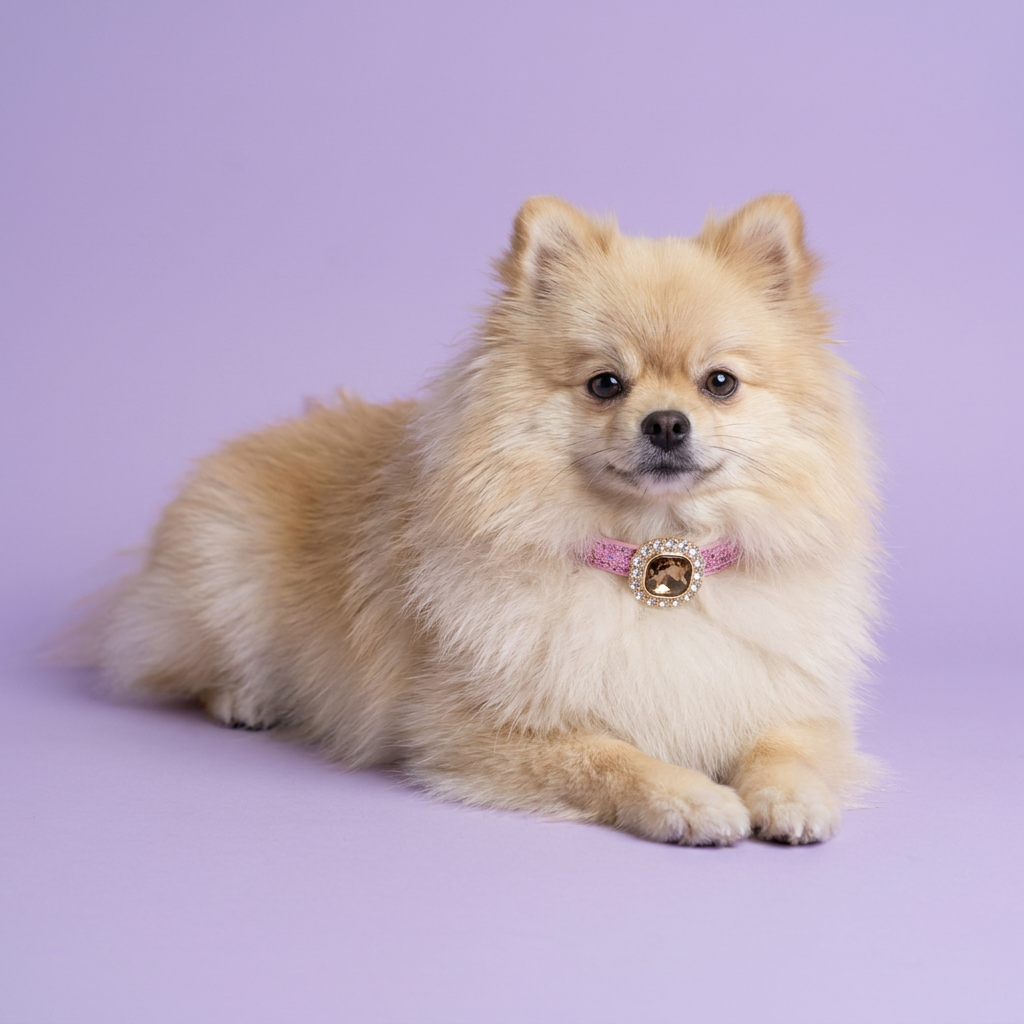 Pomeranian resting with its head raised