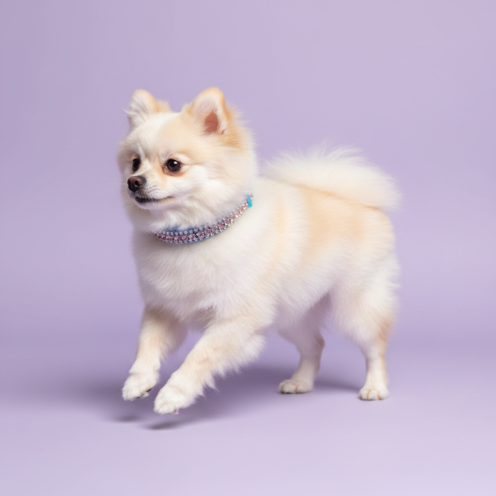 Cream Pomeranian mid-stride in full profile view with one front paw raised wearing a blue velvet triple-row pink and clear crystal rhinestone collar, luxury rhinestone small dog collar on lavender background
