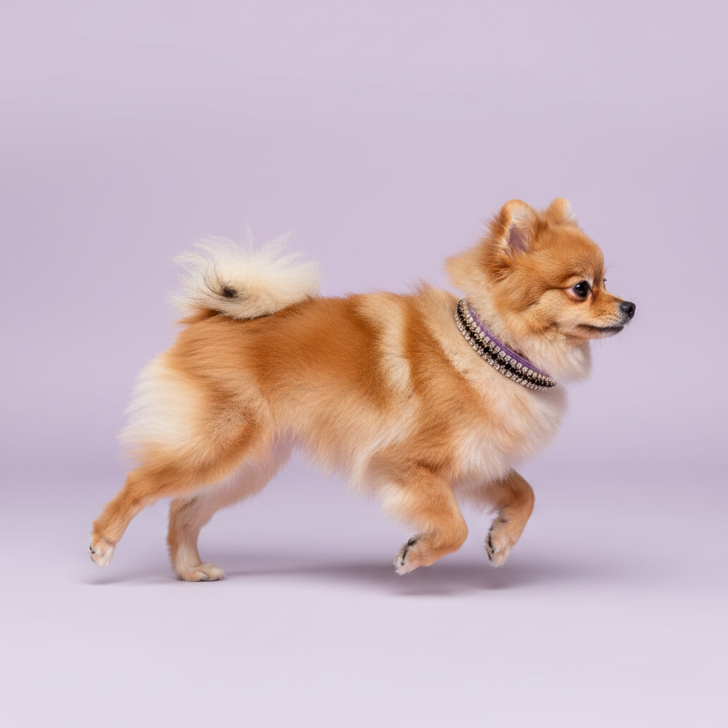 Orange sable Pomeranian running mid-stride in full profile view wearing a lavender velvet double-row champagne gold crystal rhinestone collar, luxury rhinestone small dog collar on lavender background