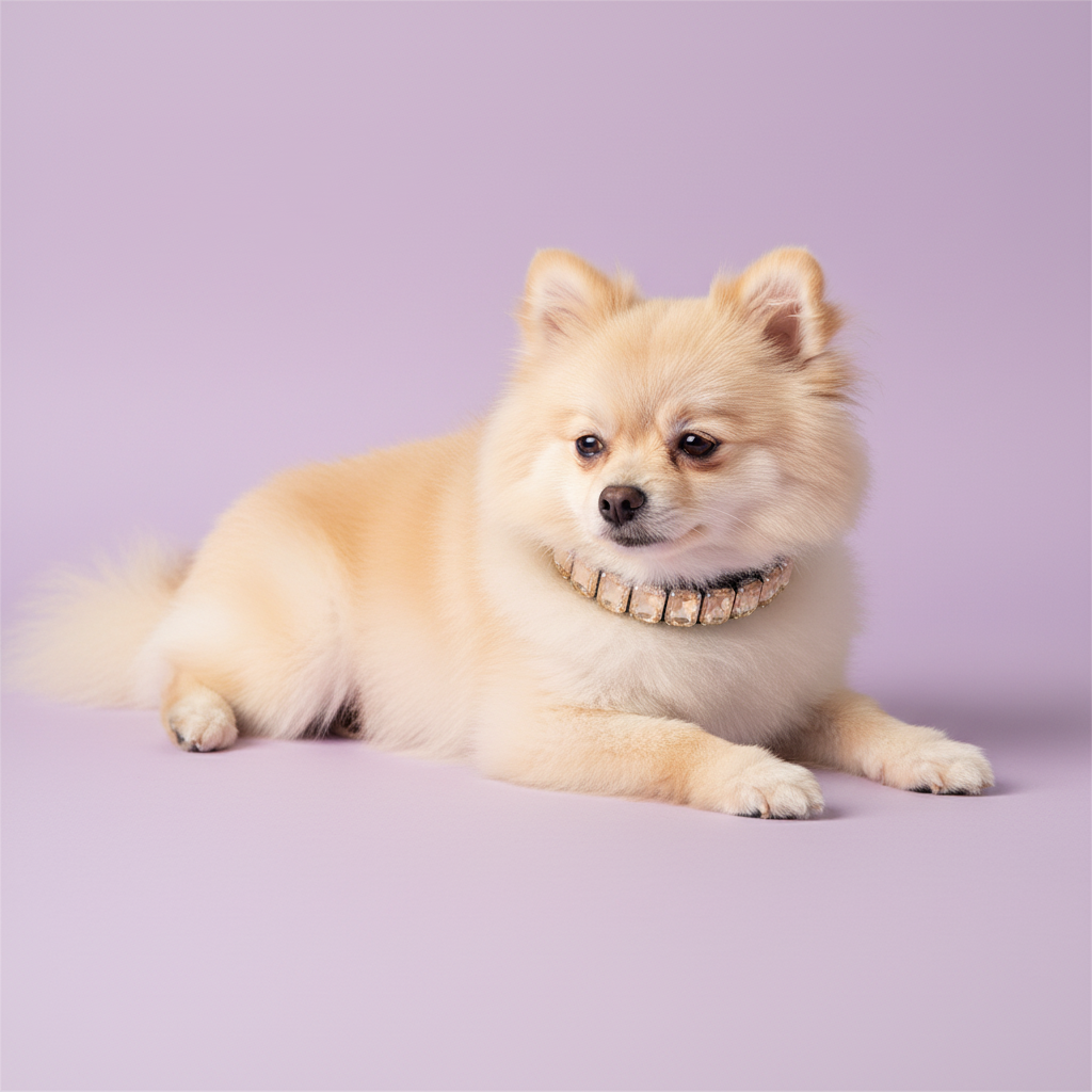 Cream Pomeranian lying down and wearing a champagne crystal rhinestone collar against a soft lavender studio background.
