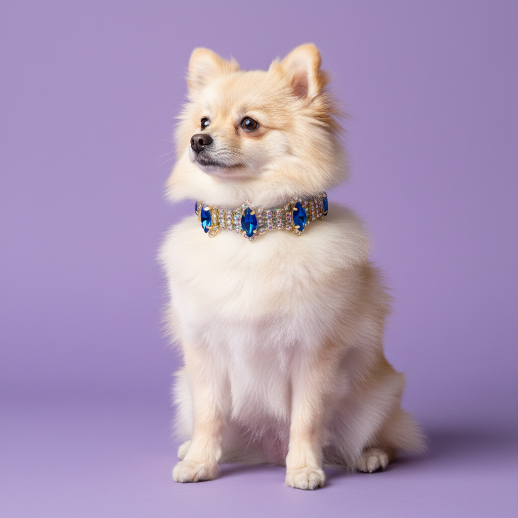 Cream Pomeranian sitting and gazing to the side wearing a blue sapphire crystal rhinestone dog collar