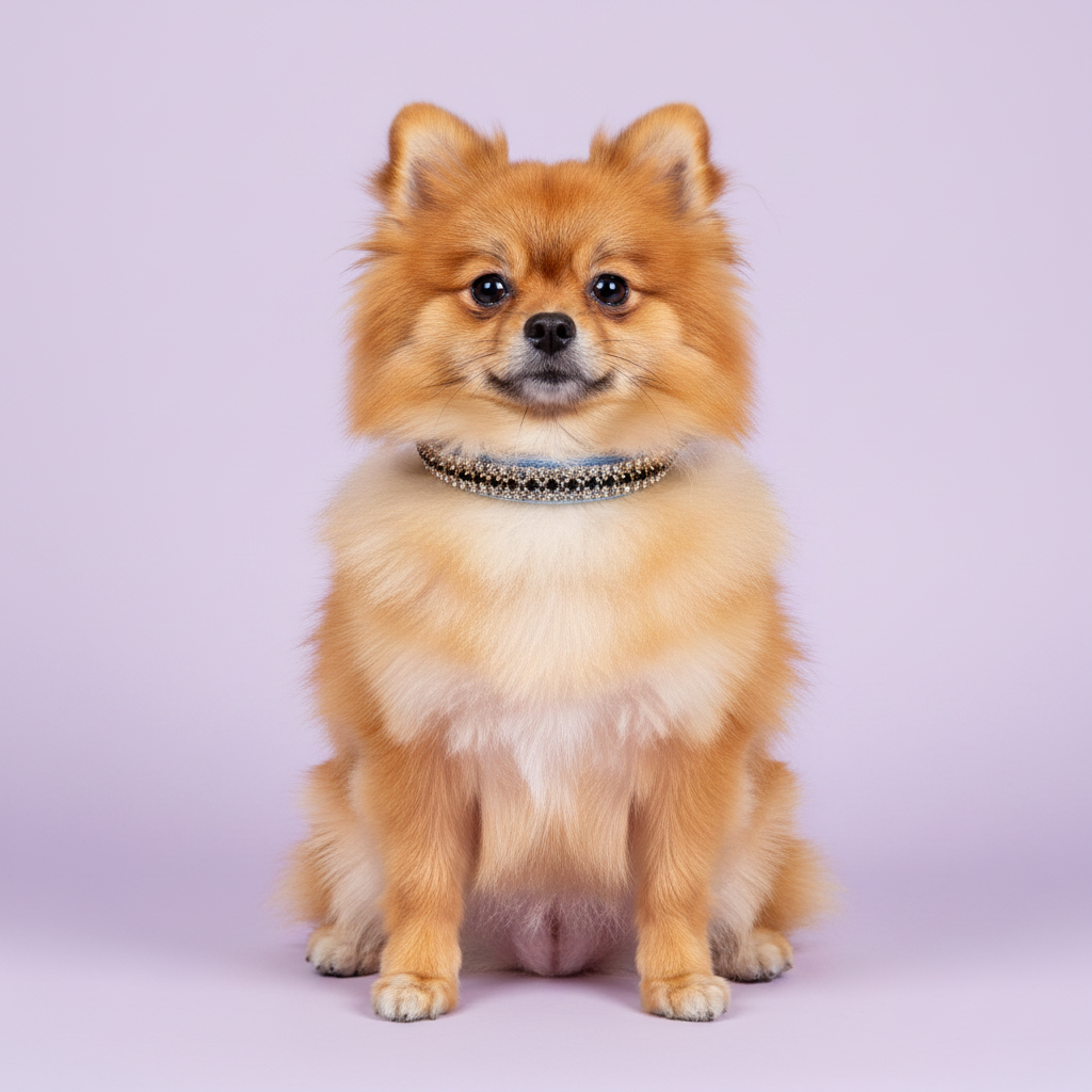 Orange sable Pomeranian sitting tall and facing camera wearing a blue velvet triple-row black and clear crystal rhinestone collar, luxury rhinestone small dog collar on lavender background