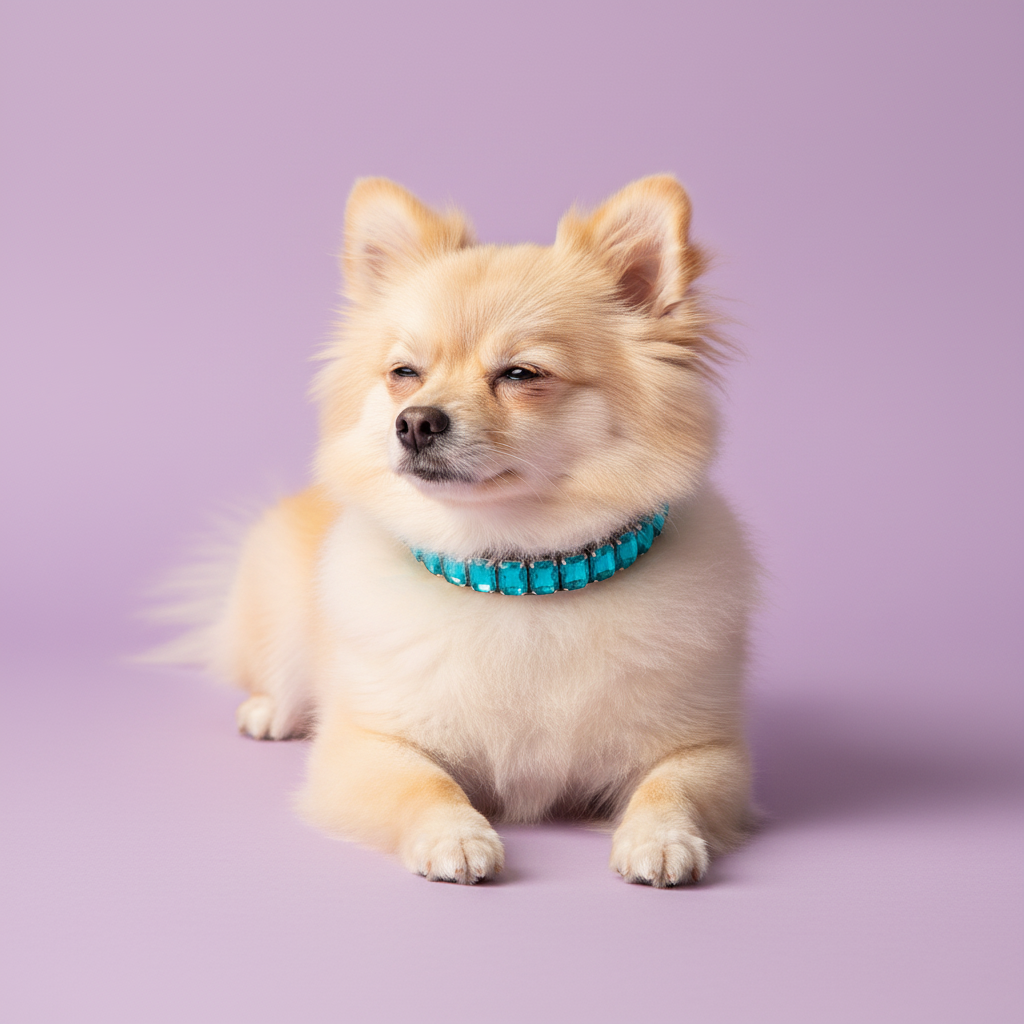 Fluffy cream Pomeranian sitting and wearing a bright teal rhinestone collar against a soft lavender studio background.