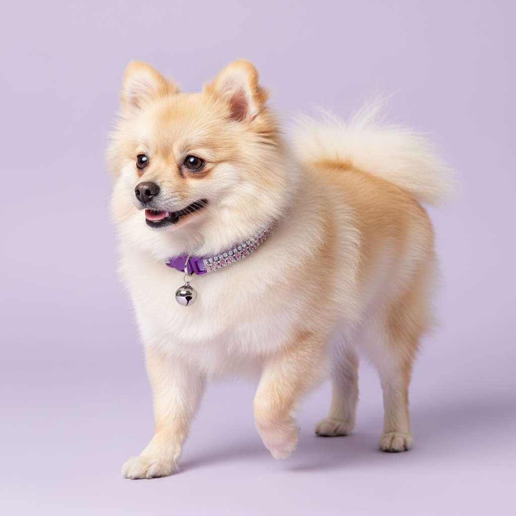 Cream Pomeranian trotting in three-quarter view with mouth open and one paw raised wearing a lavender velvet double-row lavender crystal rhinestone collar with purple bow and silver bell, luxury rhinestone small dog collar on lavender background