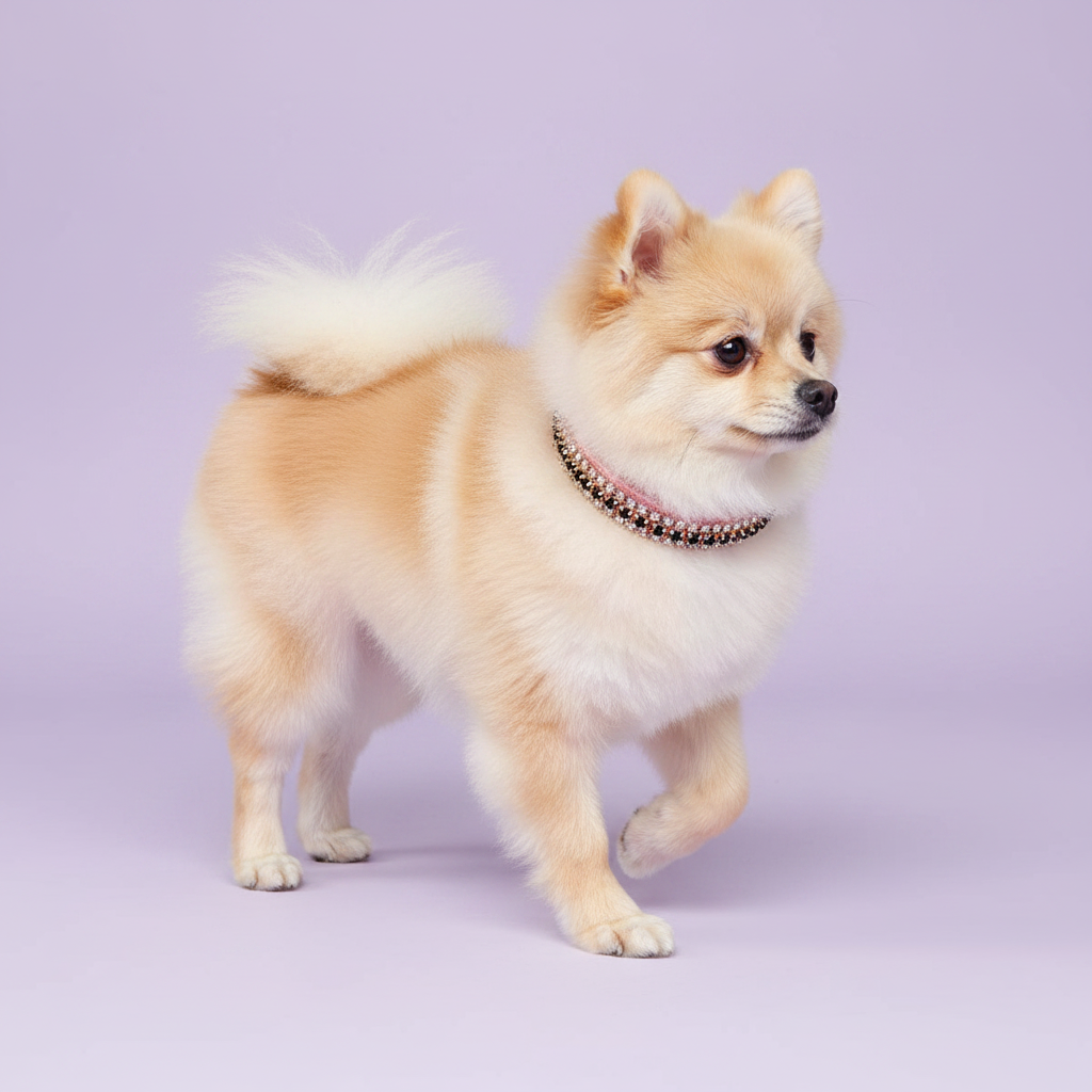 Cream Pomeranian trotting in profile view wearing a pink velvet double-row black and clear crystal rhinestone collar, luxury rhinestone small dog collar on lavender background