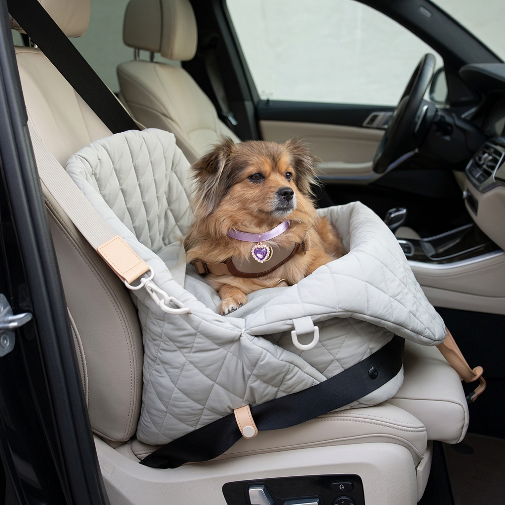 Pomeranian wearing a lavender heart collar in a gray quilted carrier inside a parked car