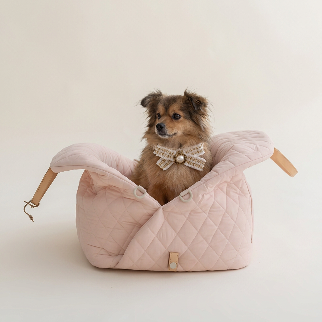 Pomeranian wearing an ivory and gold bow collar in a pink quilted carrier