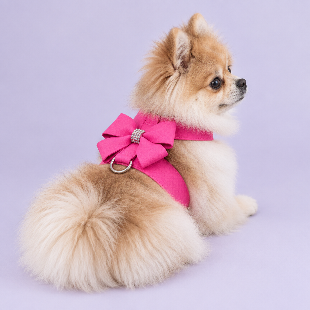 Pomeranian wearing pink bow harness