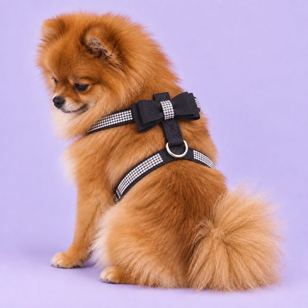 Pomeranian wearing the black harness