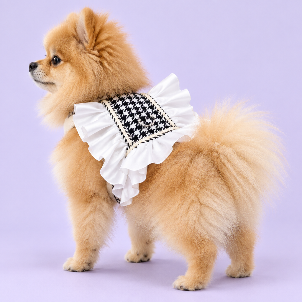 Pomeranian wearing the houndstooth harness without leash