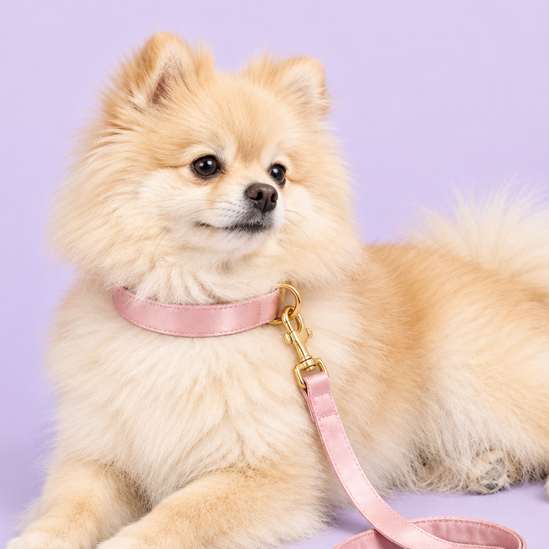 Pomeranian with blush-pink silky collar and leash