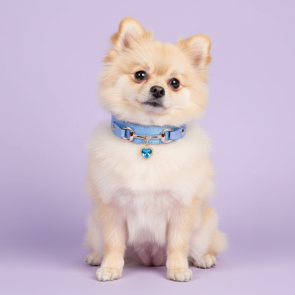 Cream Pomeranian wearing a light blue leather pet collar with gold snaffle-bit hardware and a blue crystal heart charm pendant, on a soft lavender background