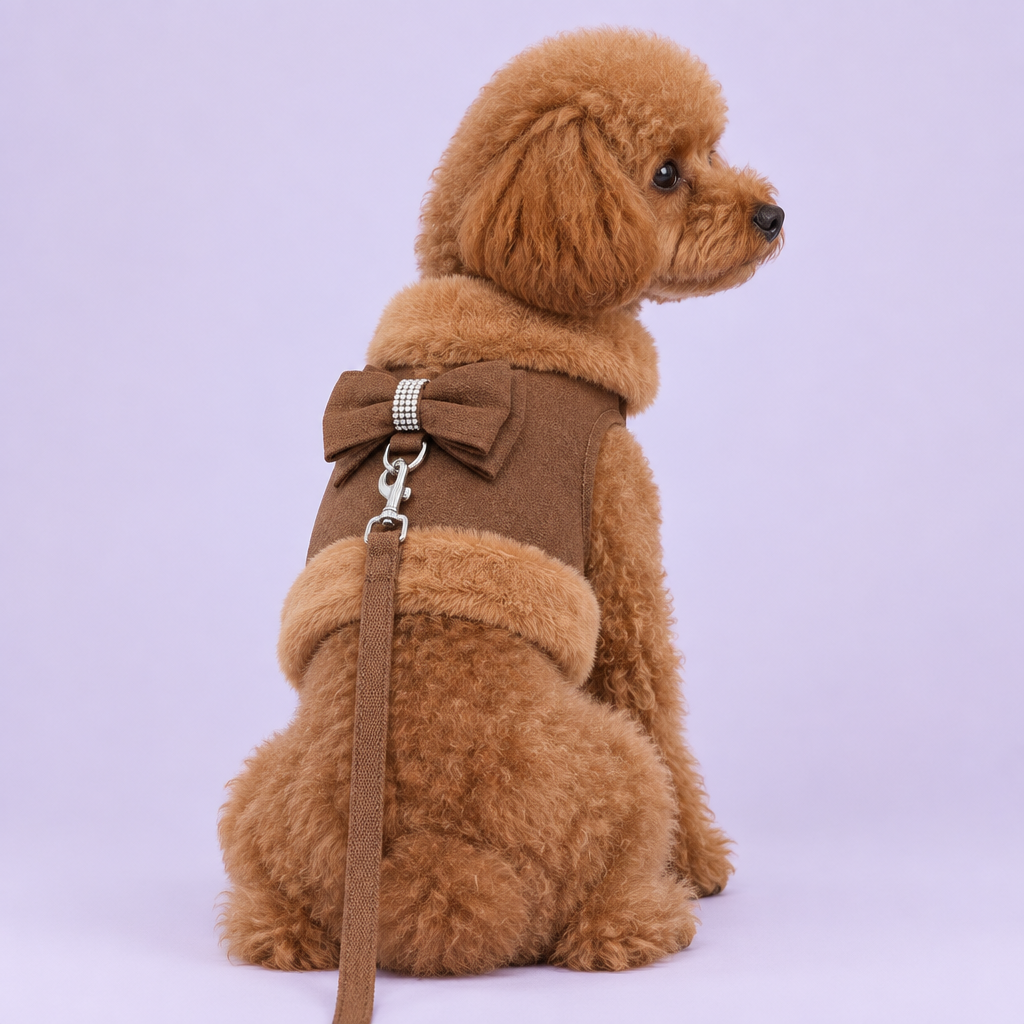 Poodle in brown harness