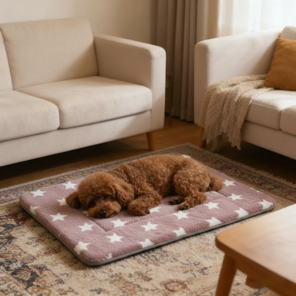Apricot Poodle sleeping on a dusty pink plush star print pet mat in a cozy modern living room