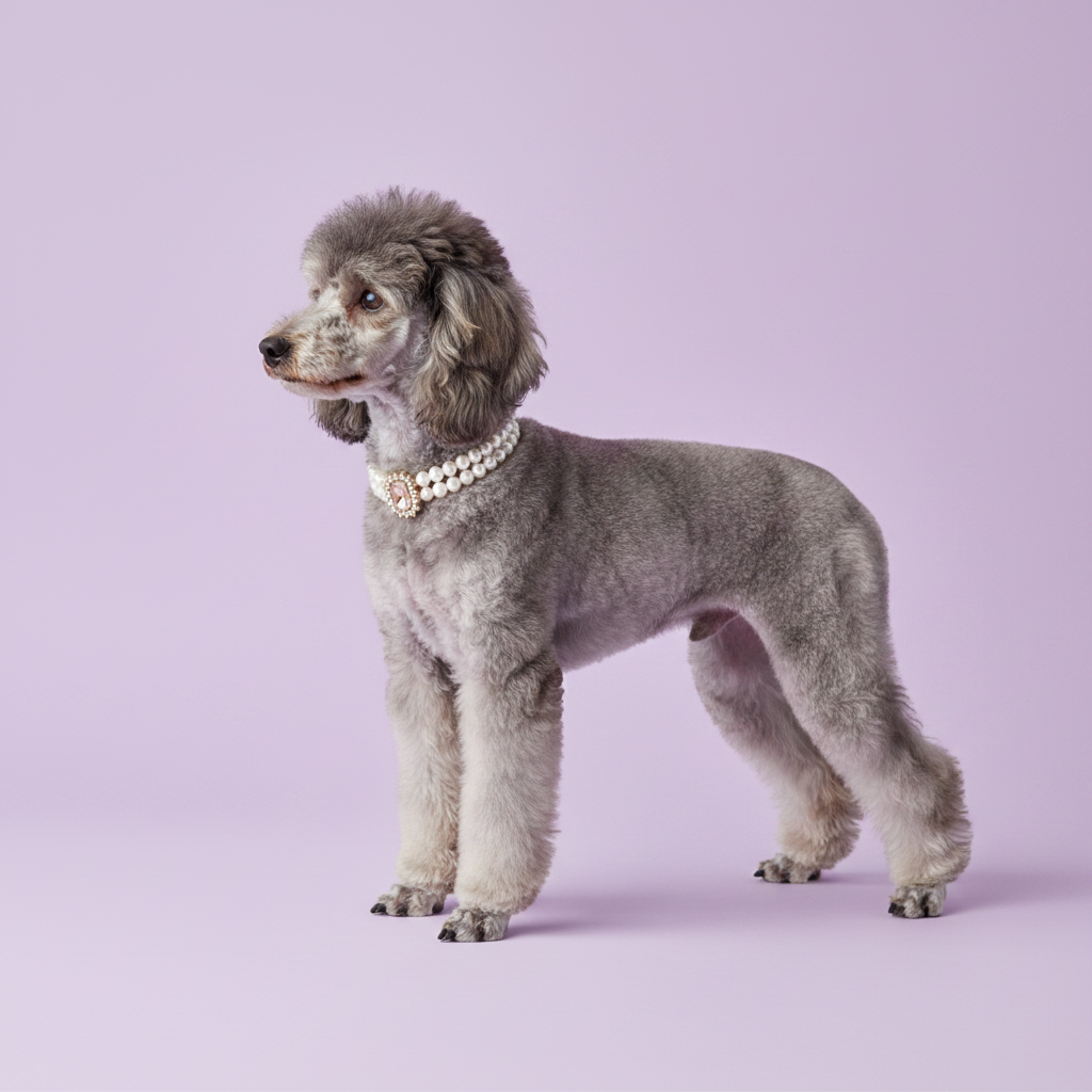 Silver Standard Poodle in show stance wearing luxury double-strand pearl dog collar with champagne crystal centerpiece on lavender background