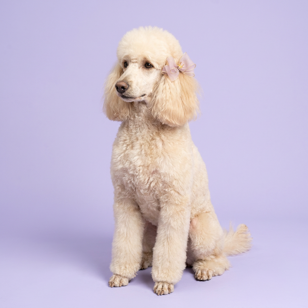Poodle wearing the lilac and gold crown bow