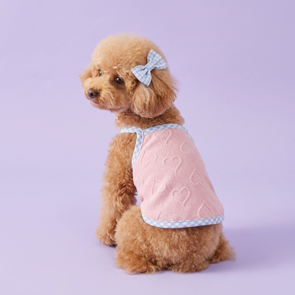 Poodle wearing the pink heart top with blue gingham trim
