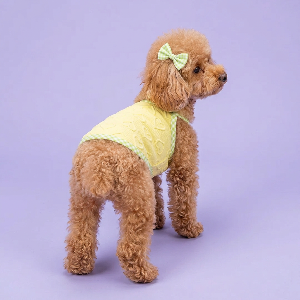 Poodle wearing the yellow heart top and green bow