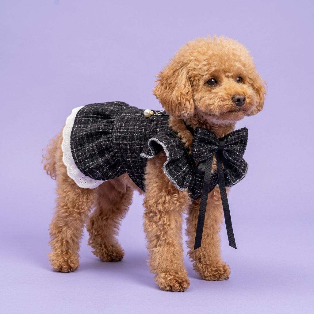 Poodle with a neck-tied bow and black dress