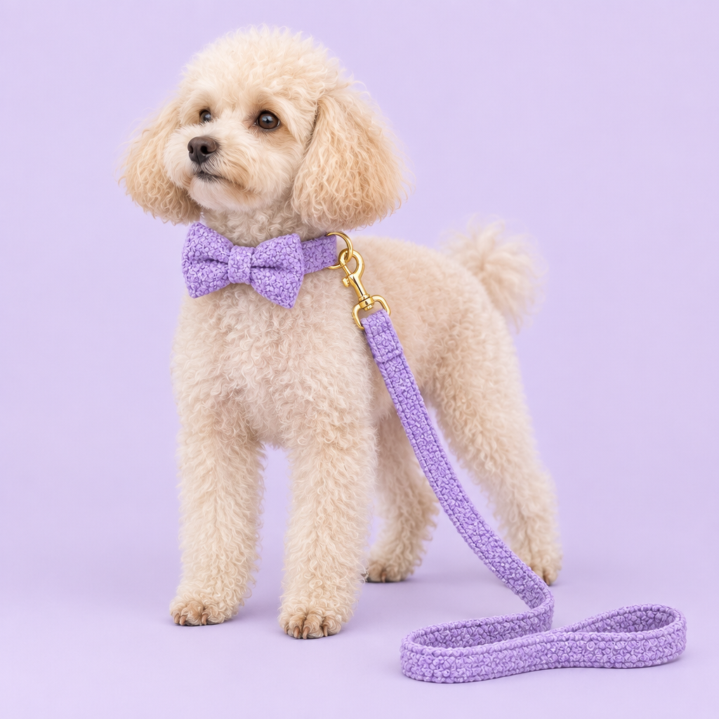 Poodle with purple teddy-fleece bow tie collar and leash