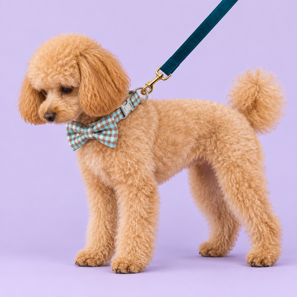 Poodle with turquoise gingham bow collar