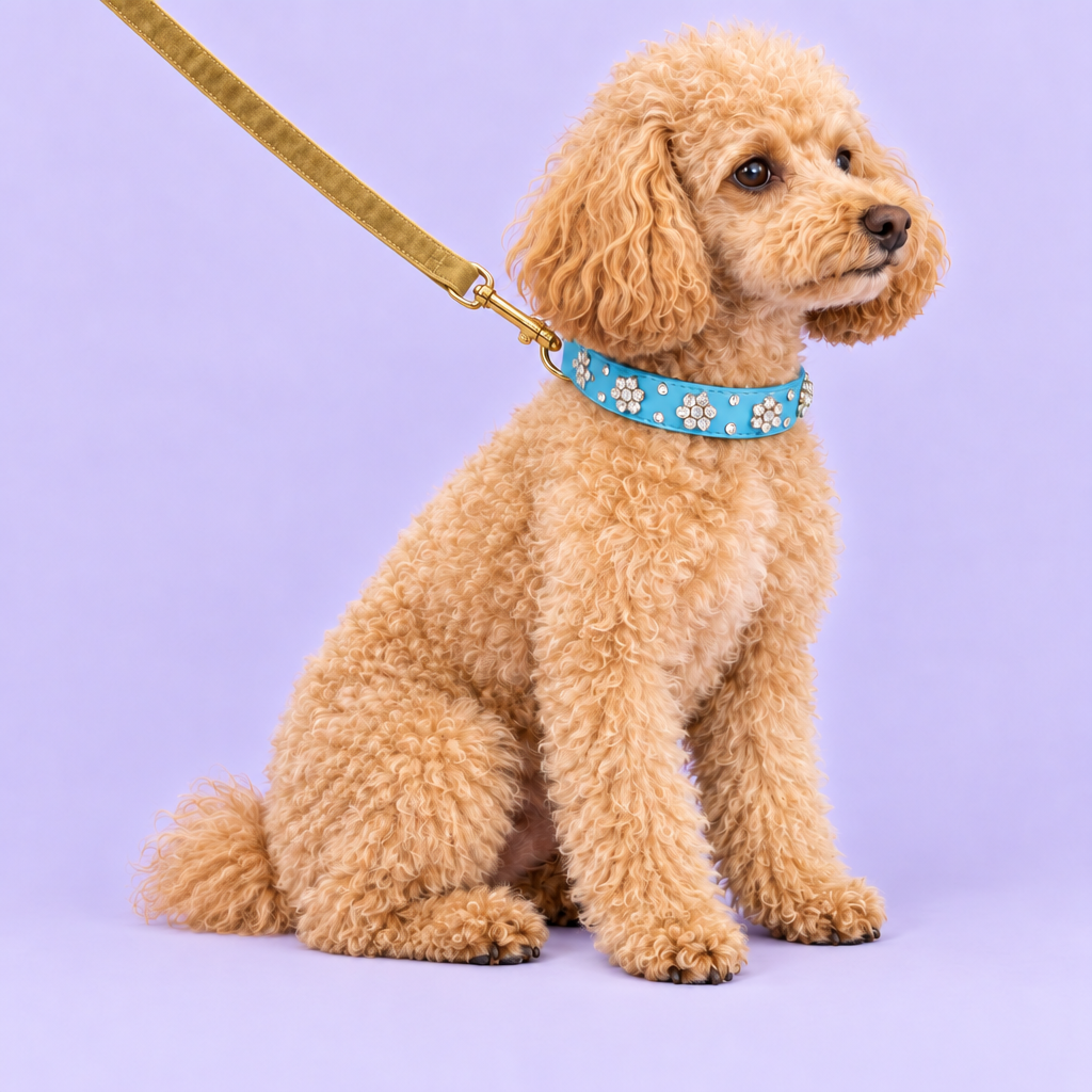 Poodle with updated yellow velvet leash