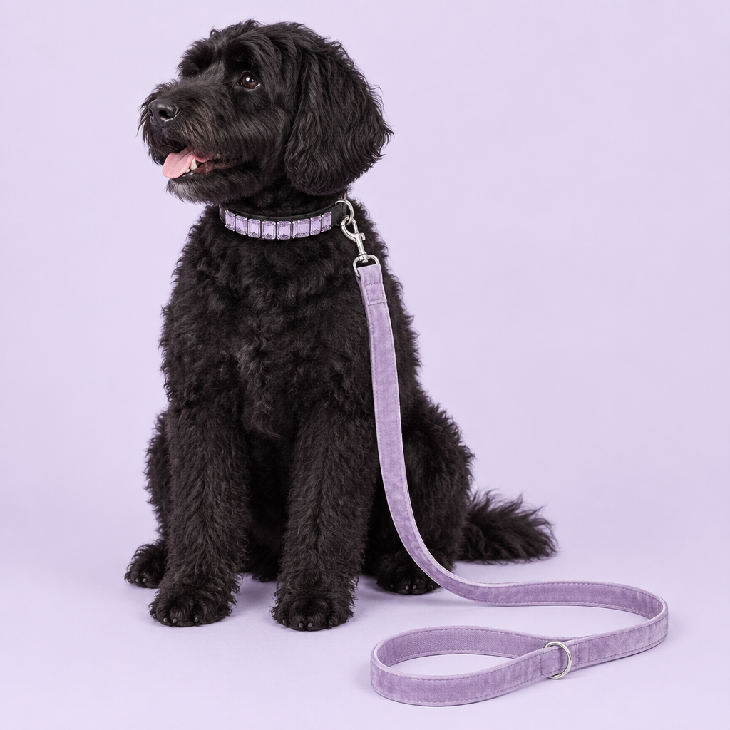 Portuguese water dog with lavender crystal collar and velvet leash